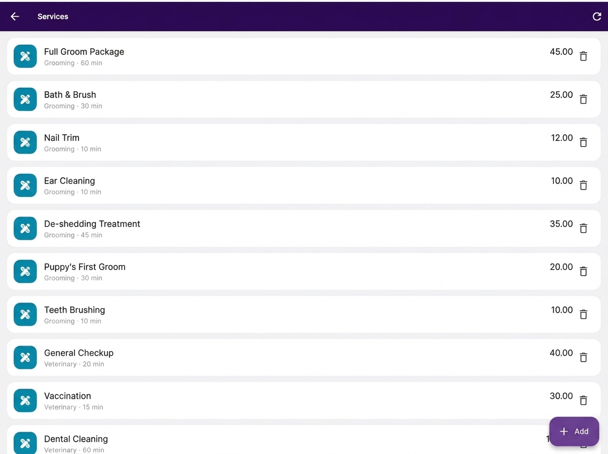 Services screen